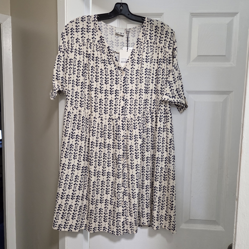 Nwt Elegant Blue & White Patterned Summer Dress Short Sleeve V-Neck Flowy A-Line - Picture 3 of 9